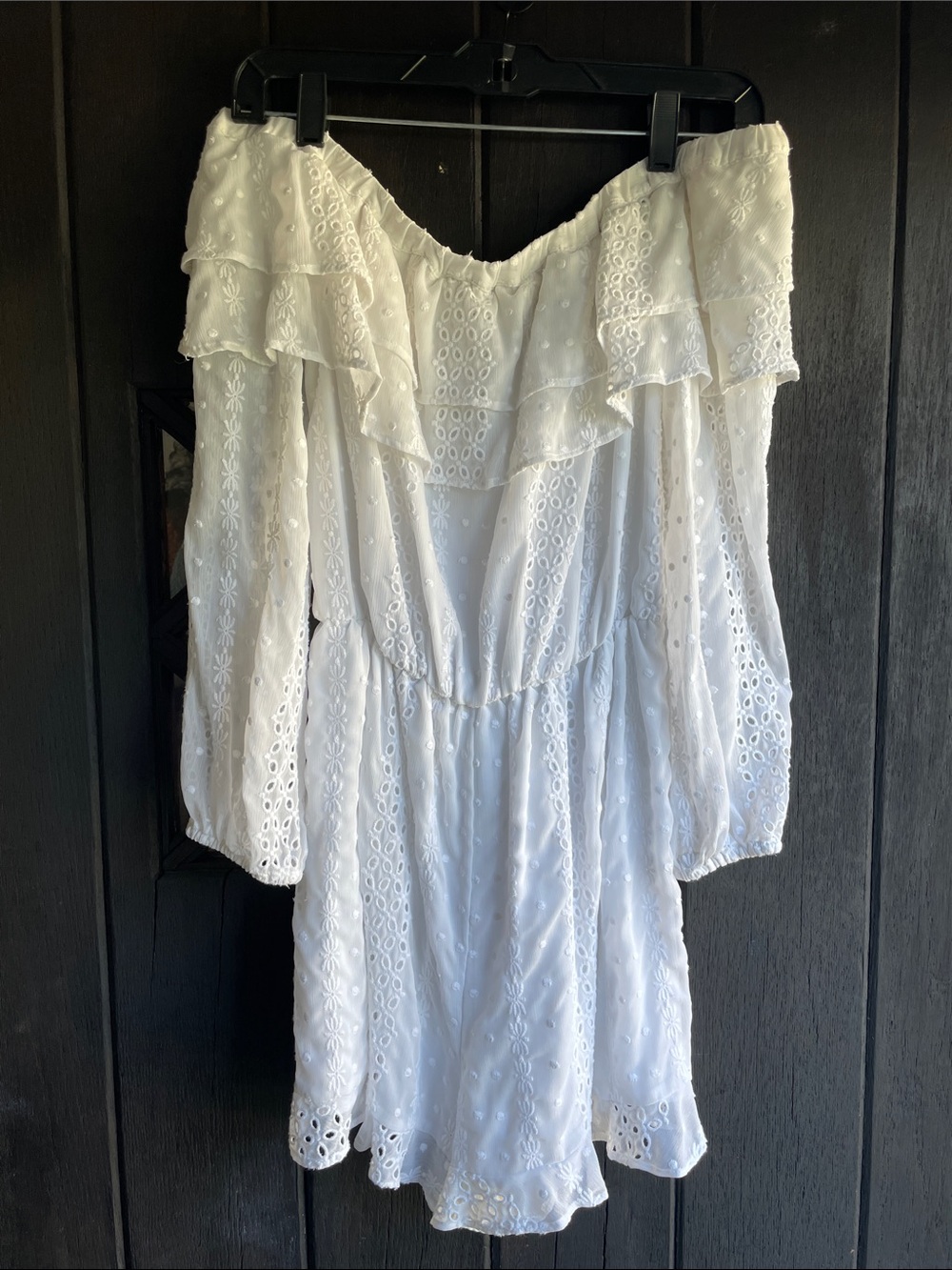 Express White Strapless Eyelet Ruffle Mini Dress